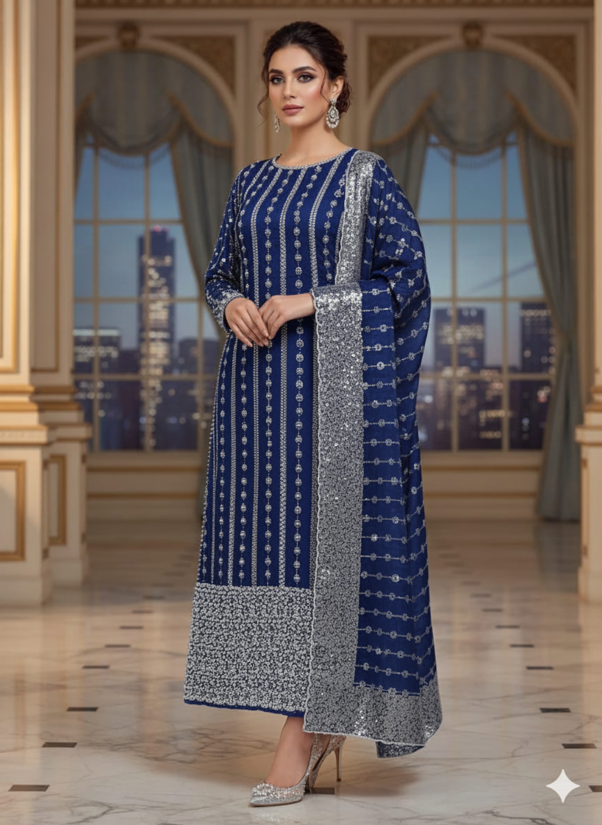 Unstitched Silk 2pc – Ornate Turkish Cutdana Design for Festive Wear