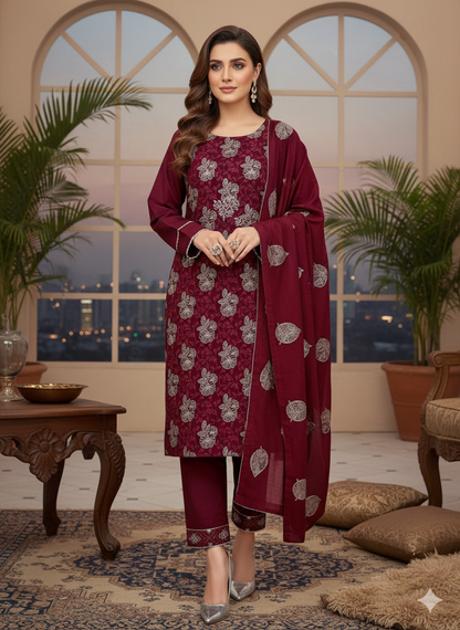 Elegant 3-Piece Dhanak Suit – Embroidered Shirt, Trousers & Dupatta