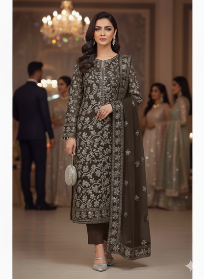 Chiffon unstitched 2pc Foil work