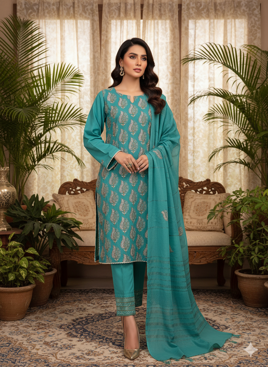 Stylish Dhanak 3pc Outfit – Ideal for Casual & Semi-Formal Wear